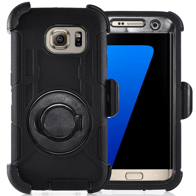 Compatible for Samsung Galaxy S7 Edge Case (Not for S7), PlusMall Rugged Shockproof Hybrid Protective Case Back Cover with Swivel Belt Clip Hard Holster Defender Case Ring Rotating Kickstand (Black) - Image 5